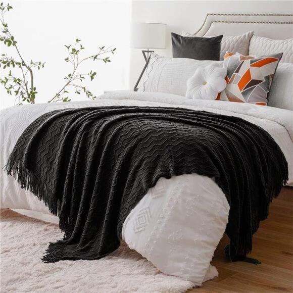 HOME Black Throw Blanket for Couch, Boho Throws for Home Decor, Soft - Picture 7 of 8